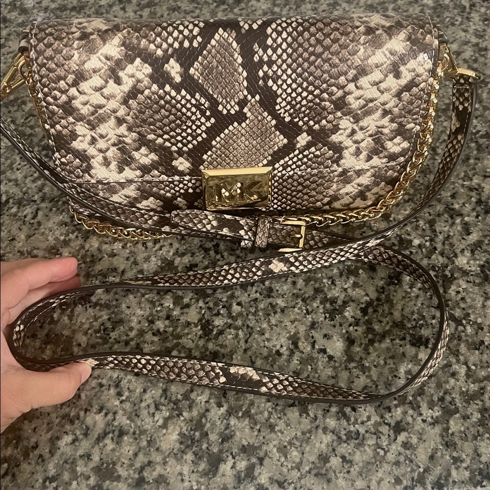 Michael Kors Snakeskin-Print Clutch with Gold MK Lock - Picture 5 of 10
